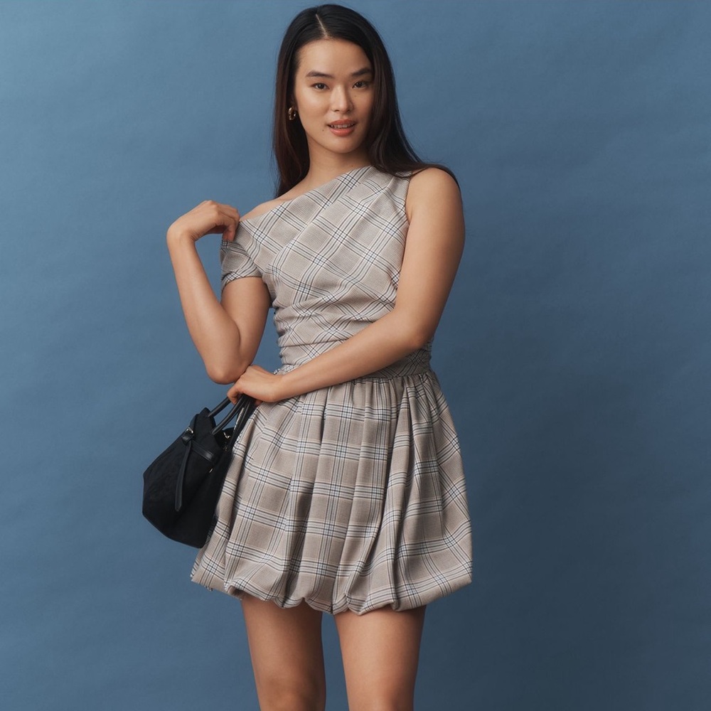 New AMUR One Shoulder Plaid Dress in Gray